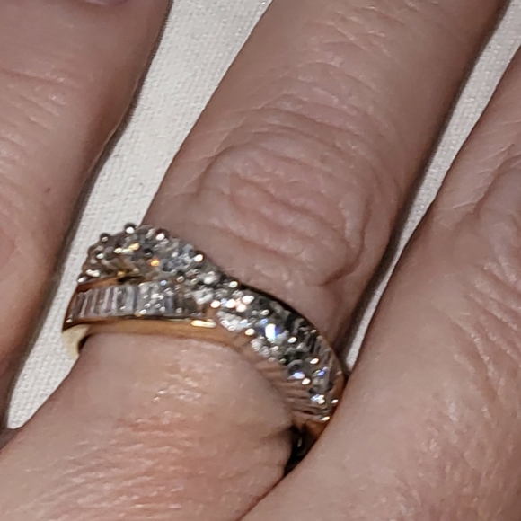 Ladies 14k Yellow & White Gold 1.5 CTW Round & Baguette diamonds crossover ring - Picture 5 of 12